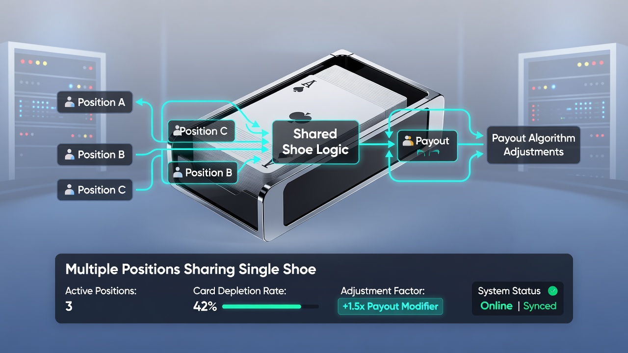 Chart displaying deck composition changes and payout adjustments across shared multi-position blackjack shoes