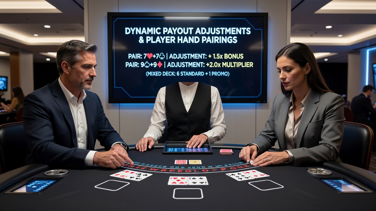 Screenshot of online blackjack interface displaying dynamic payout adjustments after player pair splits in mixed decks