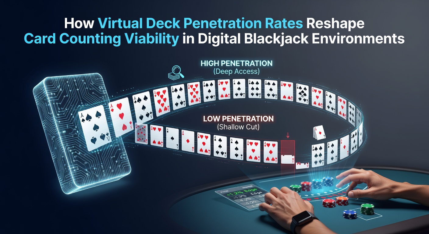 Illustration of virtual deck penetration mechanics in a digital blackjack interface showing card distribution and shuffle points