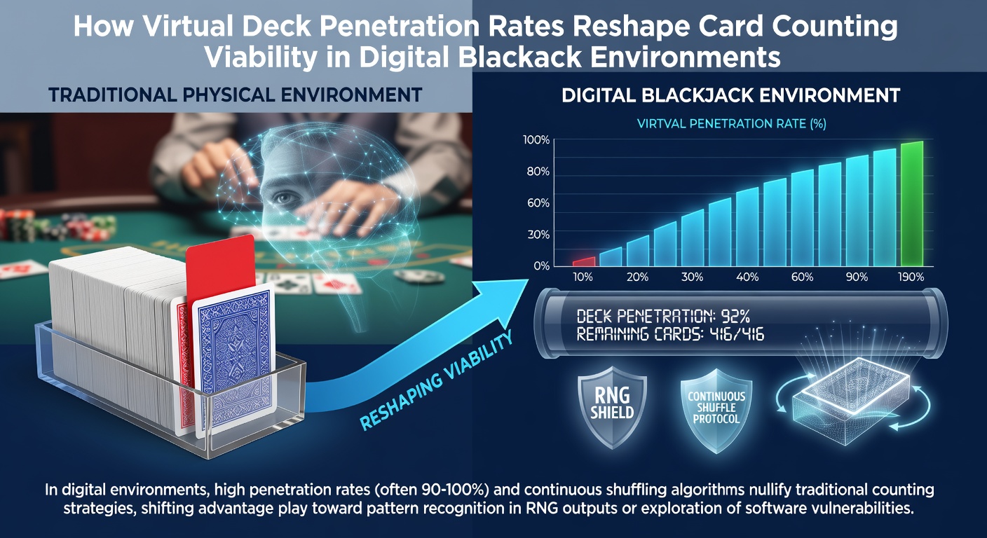 Graph comparing player edge across different virtual deck penetration percentages in digital blackjack simulations