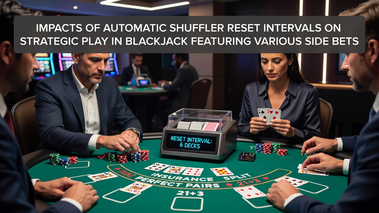 Close-up view of blackjack side bet betting circles including 21+3 and Lucky Lucky options next to an active automatic shuffler