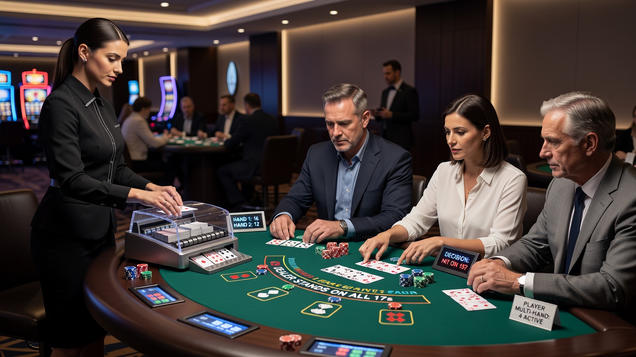 Close-up view of dealer actions at a blackjack table with automatic shuffler operating in background