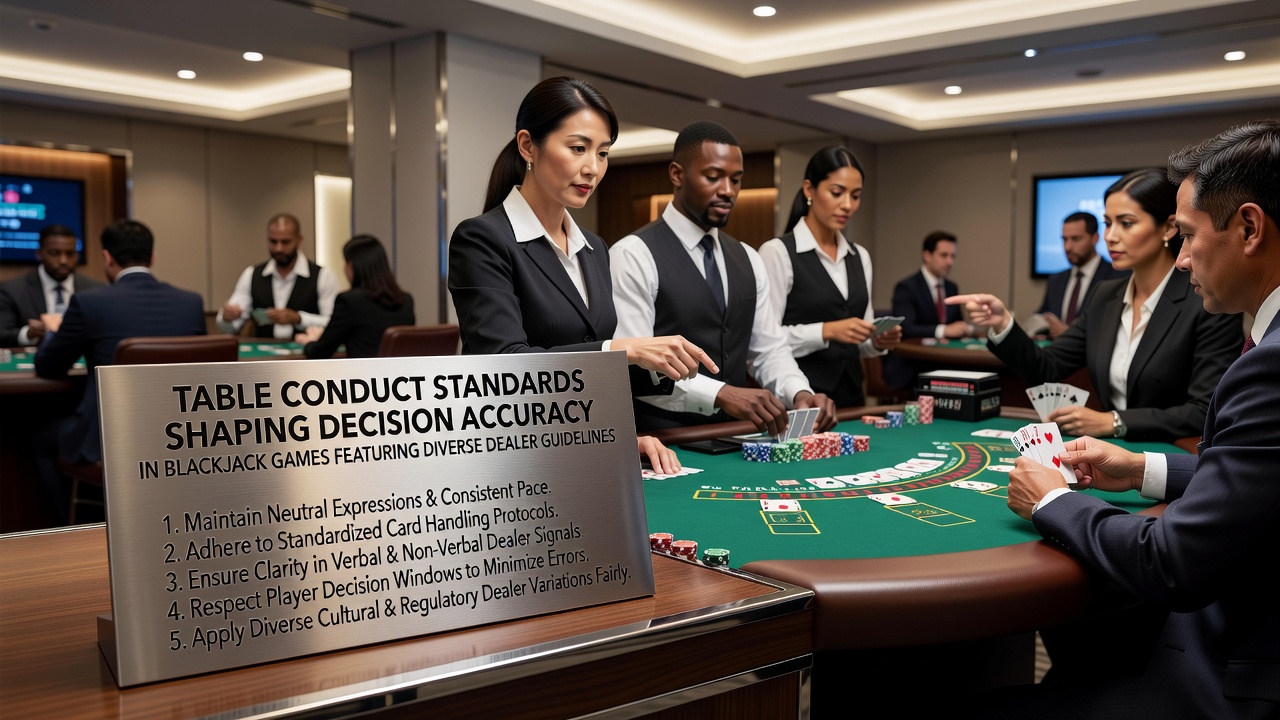Close-up of blackjack dealer and players adhering to table conduct standards during a multi-deck game