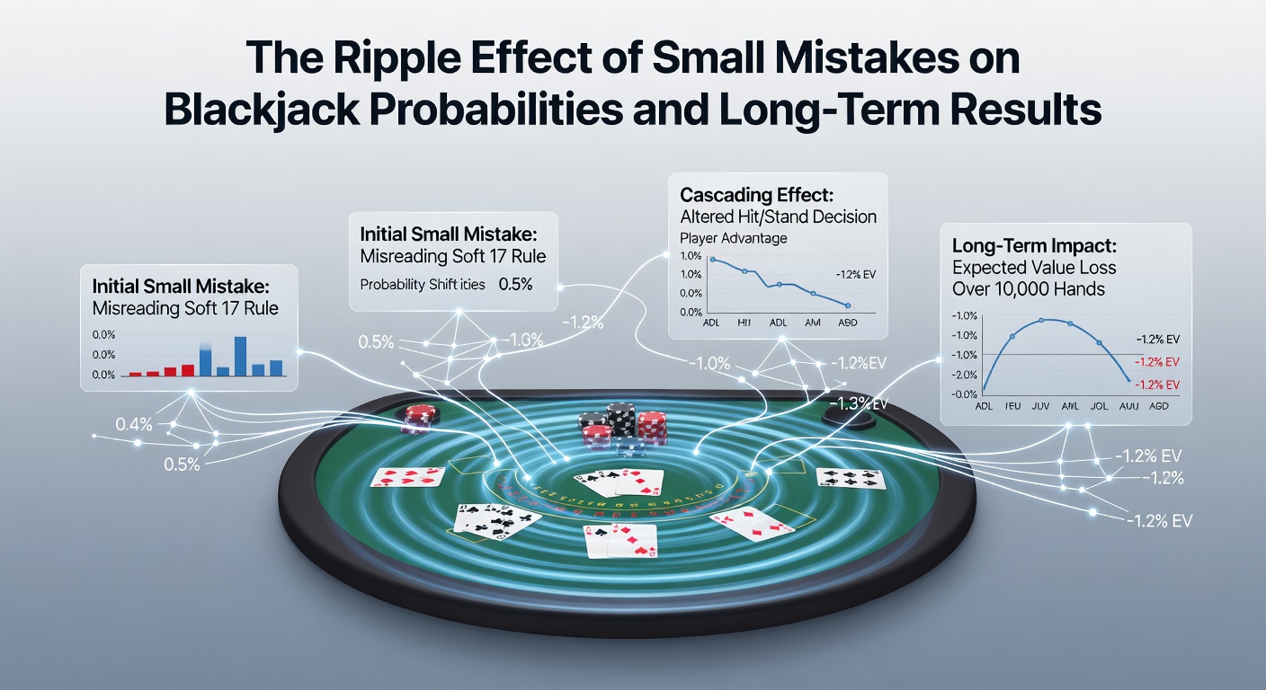 Graph illustrating probability shifts and bankroll trajectories under different error rates in blackjack